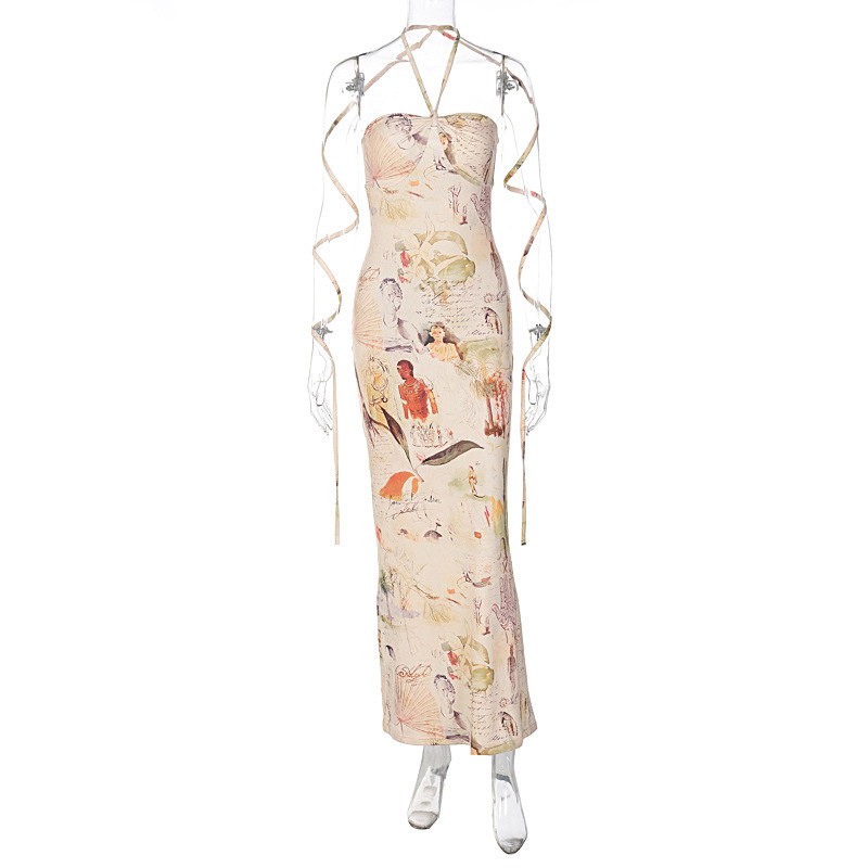 Women'S Fashion Vacation Printing Halter Neck Lace-Up Slim Long Dress