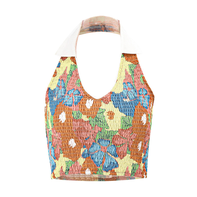 Sexy Deep V Lapel Halter Backless Women Floral Printed Pleated Crop Top