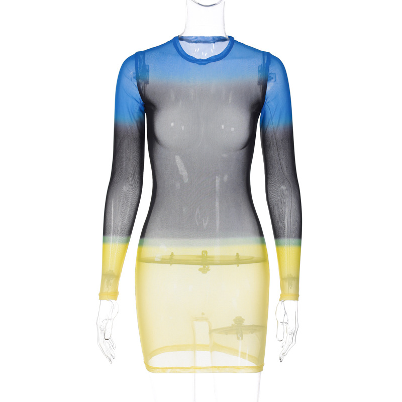 Women Fashion Sexy Gradient Printed Mesh See-Through Long Sleeve Tight Dress