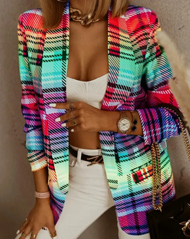 Women Fashion Casual Multicolor Plaid Long Sleeve Blazer Coat