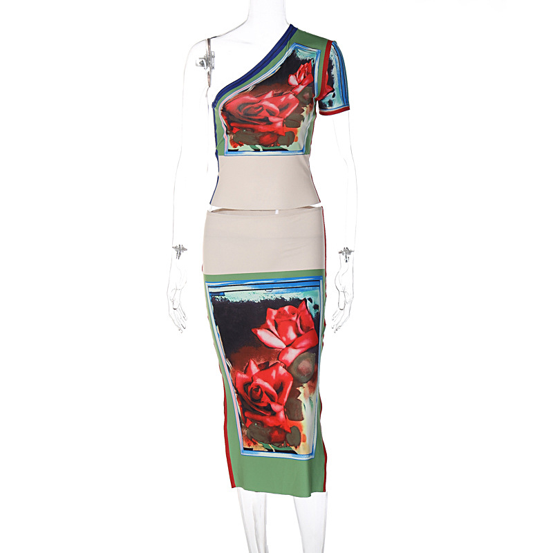 Women Sexy Irregular Off-Shoulder One Short Sleeve Top Side-Slit Midi Skirt Retro Floral Set
