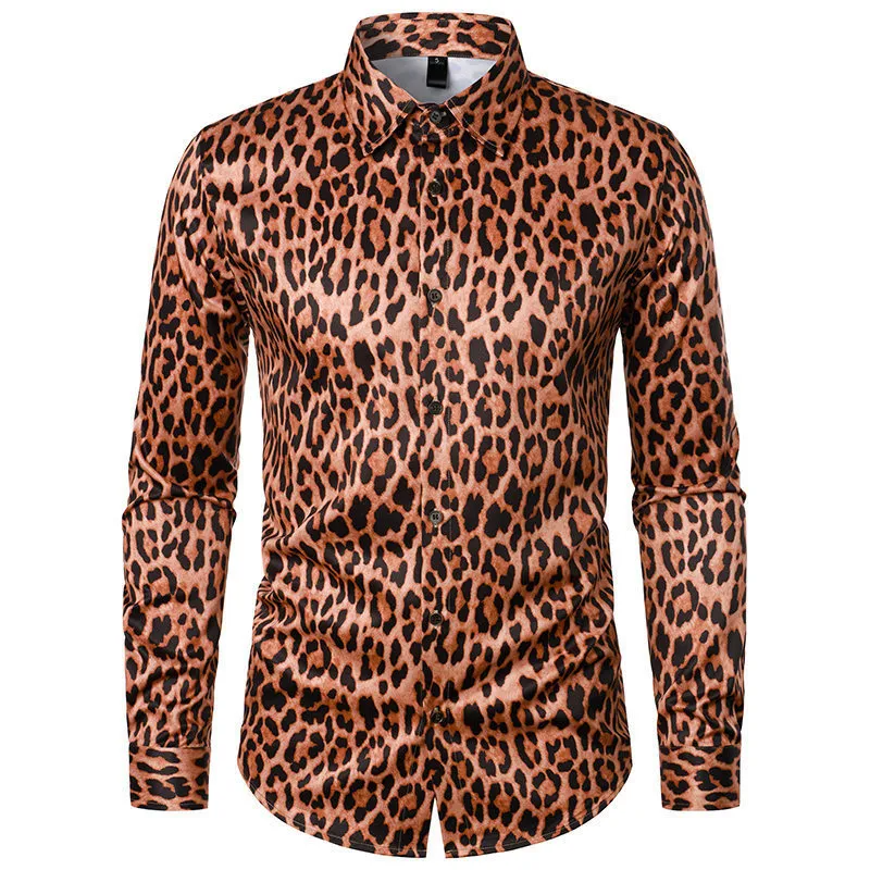 Men Fashion Casual Leopard Long Sleeve Lapel Shirt