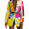 Women Fashion Color Blocking Graphic Print Button Long Sleeve Blazer