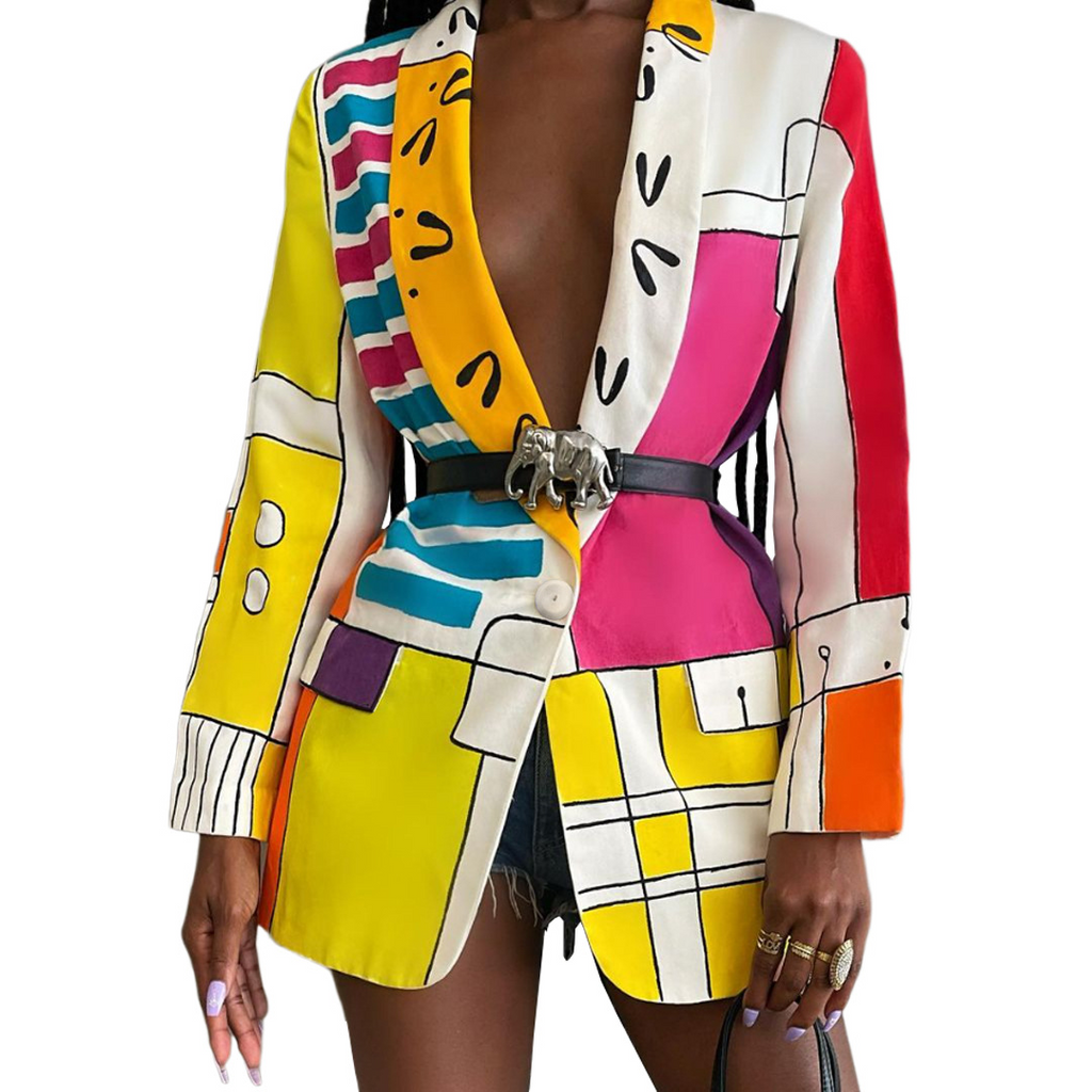 Women Fashion Color Blocking Graphic Print Button Long Sleeve Blazer