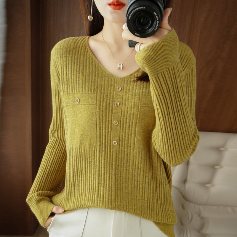 Women Solid Color Urban Casual Office Chic Slim-Fit V-Neck Knitted Long-Sleeved Tops Knitwear