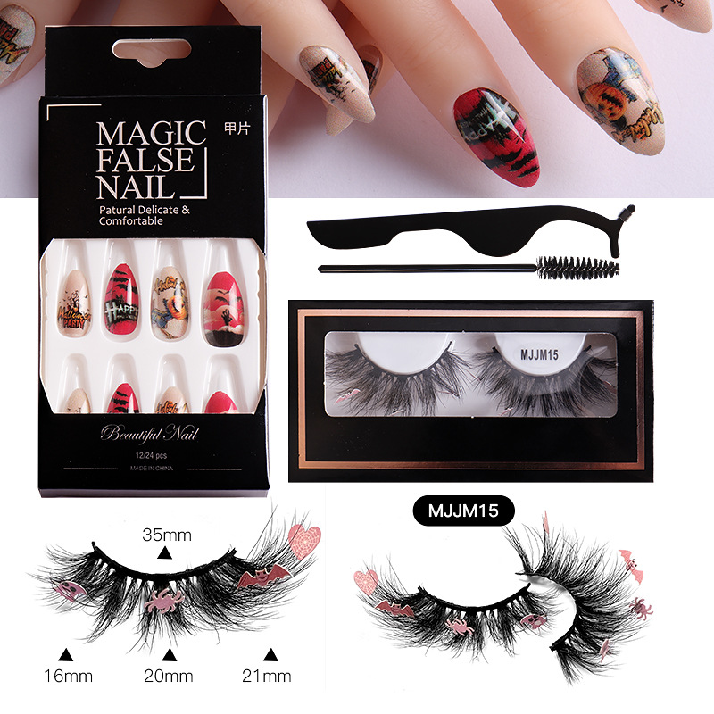 ( Buy 1 Get 1 ) Women Multi Layer Thick Mink False Eyelashes Halloween Pumpkin False Nail Set