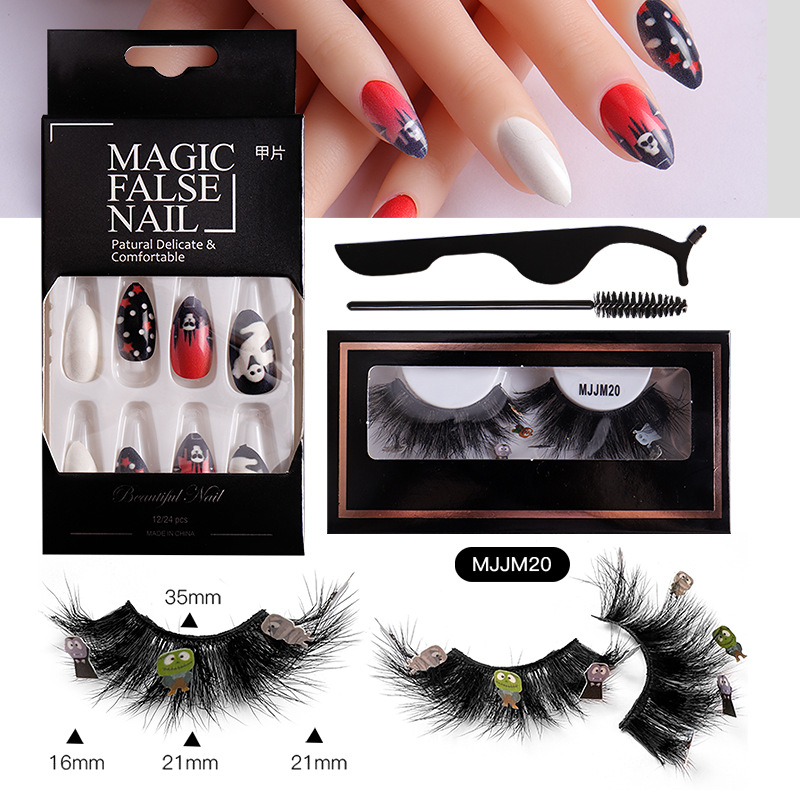 ( Buy 1 Get 1 ) Women Multi Layer Thick Mink False Eyelashes Halloween Pumpkin False Nail Set