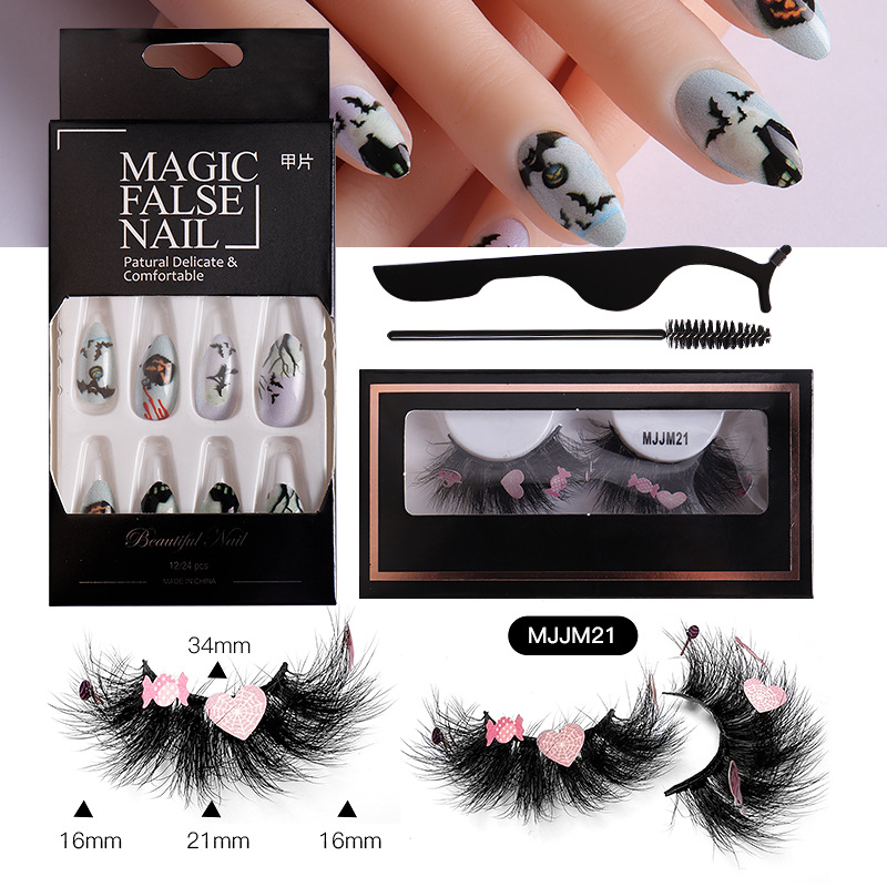 ( Buy 1 Get 1 ) Women Multi Layer Thick Mink False Eyelashes Halloween Pumpkin False Nail Set