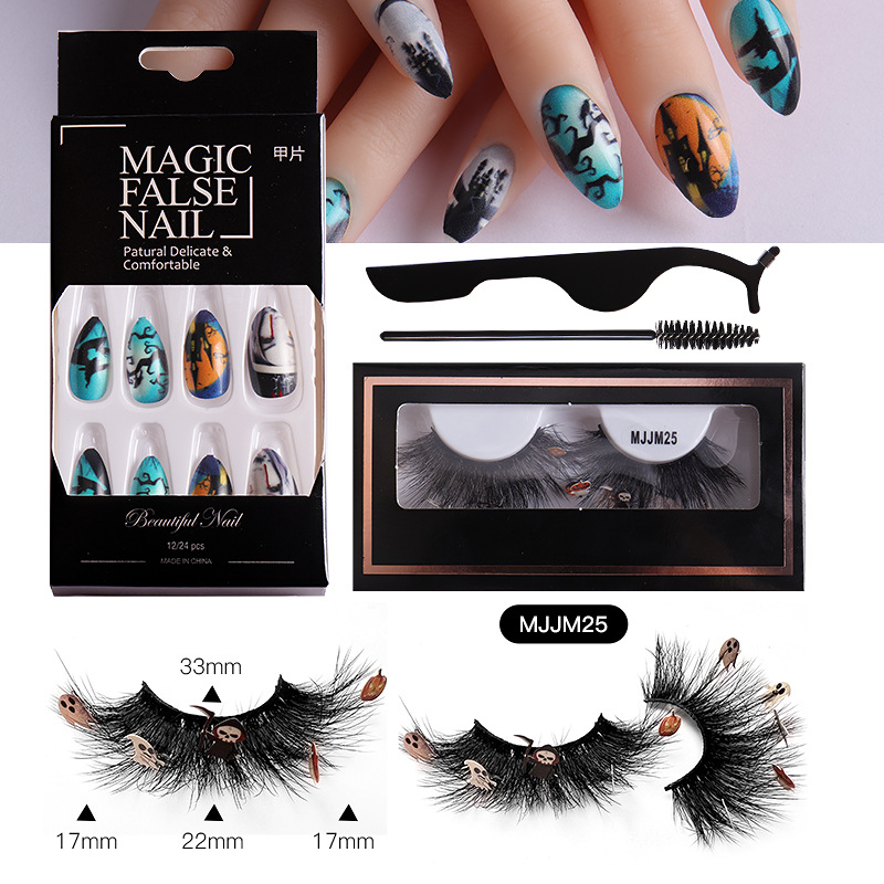 ( Buy 1 Get 1 ) Women Multi Layer Thick Mink False Eyelashes Halloween Pumpkin False Nail Set