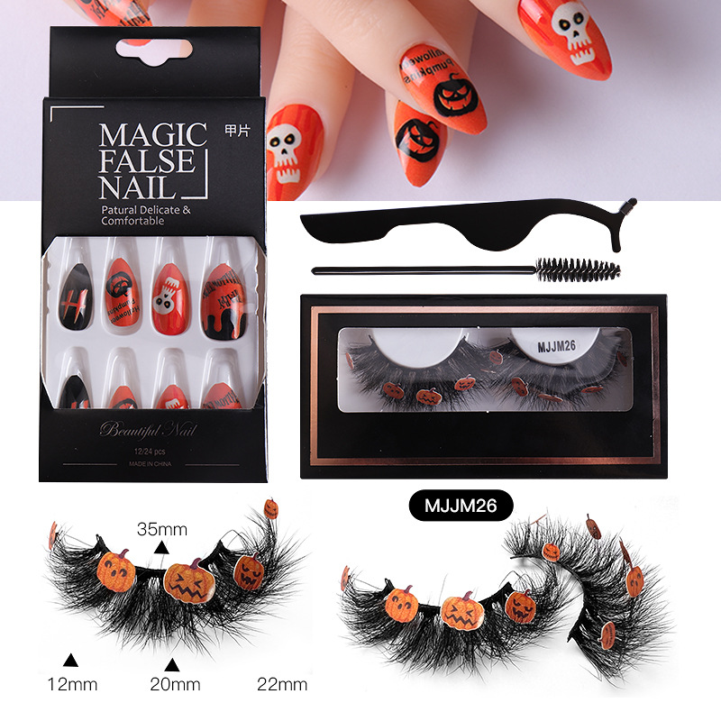 ( Buy 1 Get 1 ) Women Multi Layer Thick Mink False Eyelashes Halloween Pumpkin False Nail Set