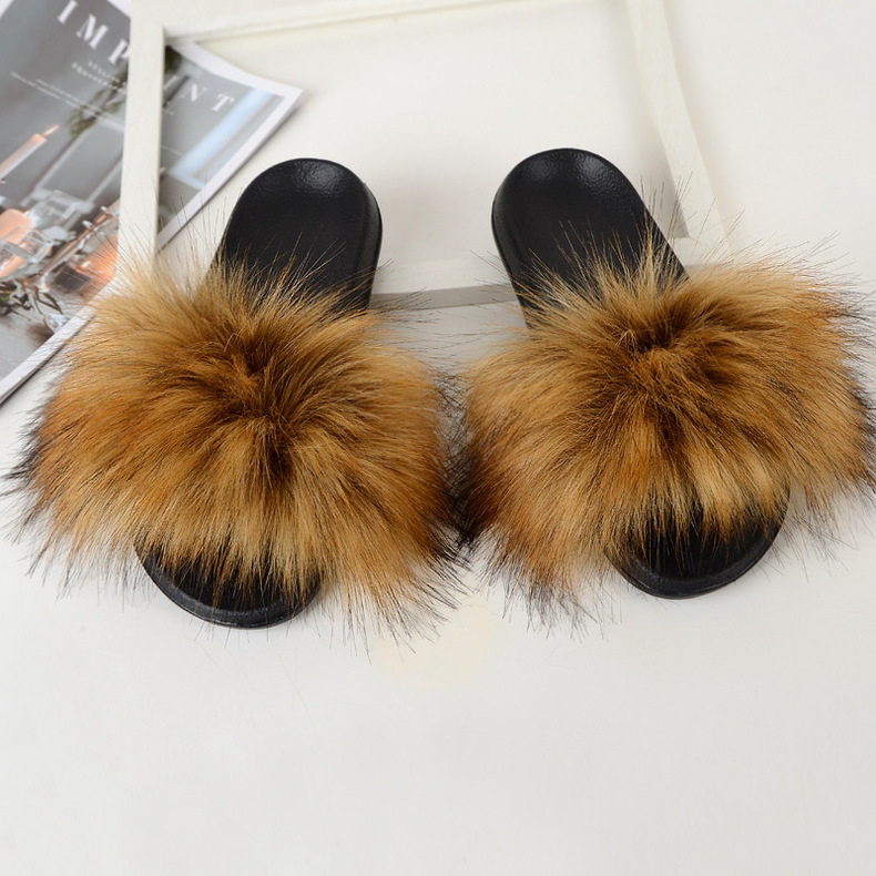 ( 2 pair ) Wholesale Women Winter Fashion Plus Size Faux Fox Fur Plush Flat Slippers