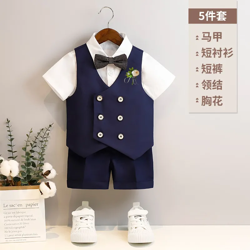 Kids Toddler Big Boys Autumn Winter Fashion Casual British Style Bow Waistcoat Short Sleeve Shirt Shorts Boys Party Clothing Set
