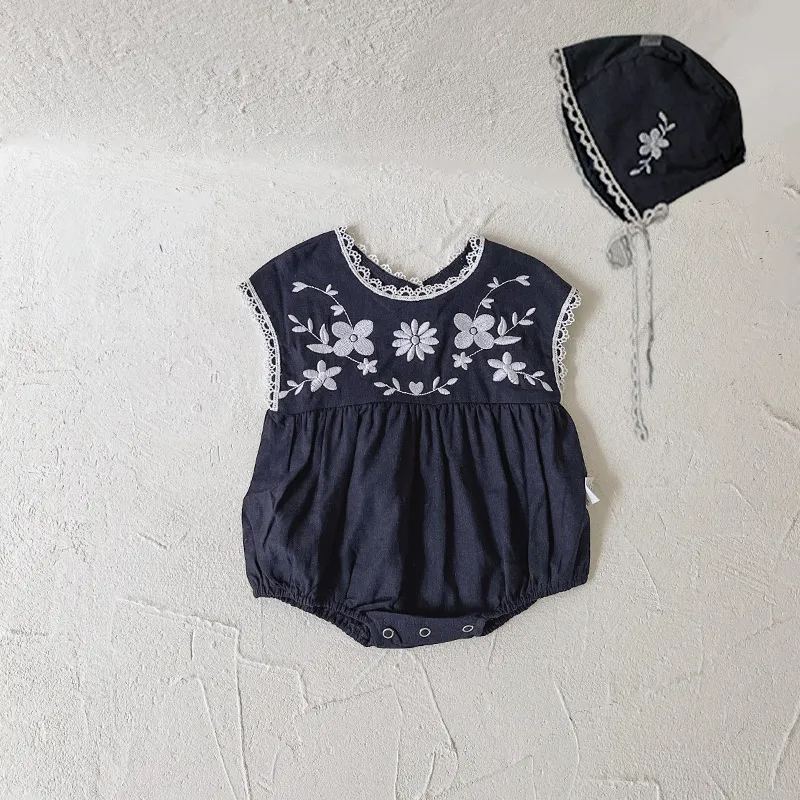 Kids Baby Girls Summer Fashion Casual Cute Solid Color Embroidery Floral Sleeveless Round Neck Romper