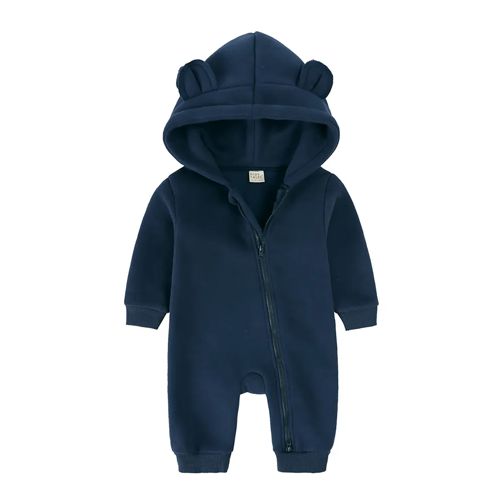 Kids Baby Boys Girls Autumn Winter Casual Cute Solid Color Bear Long Sleeve Hooded Jumpsuit