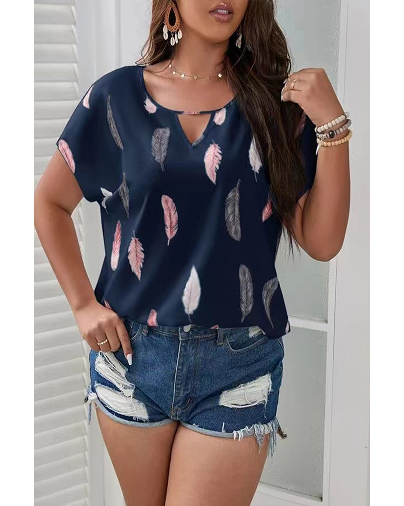 Fashion Casual Summer Vacation Plus Size Women V-Neck Feather Print Short-Sleeved Casual Blouse