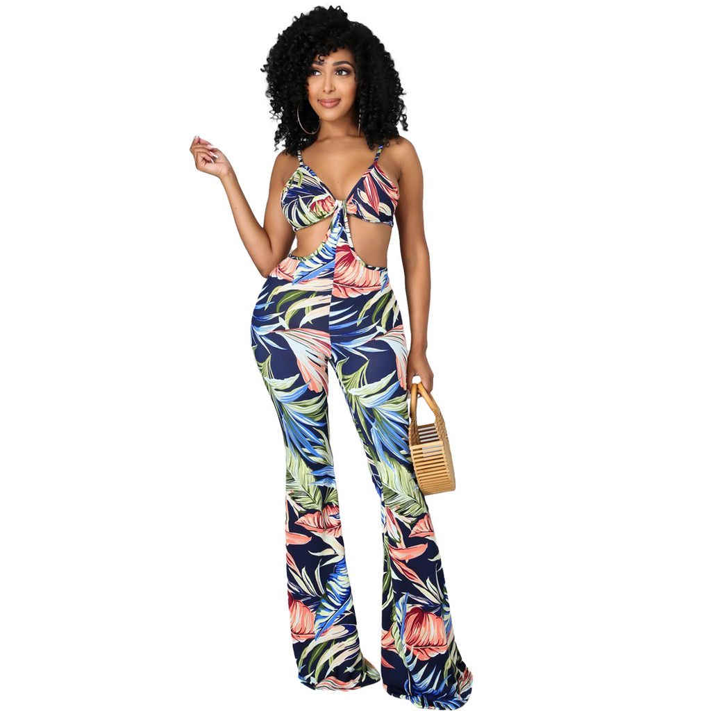 Women Printed Suspenders Hollow Waist Flared Jumpsuit