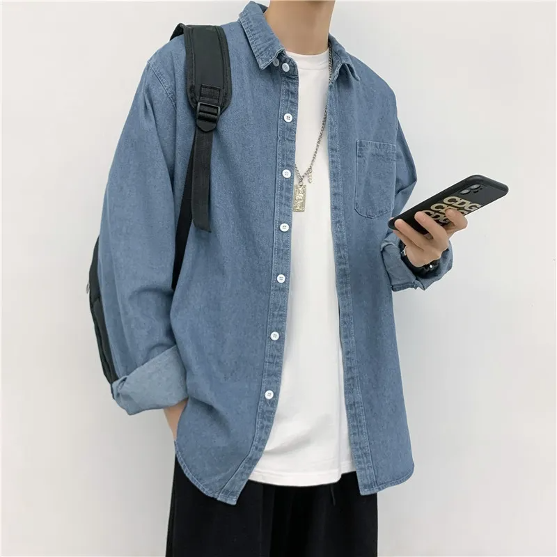 Men Casual Solid Color Long Sleeve Lapel Single-Breasted Pocket Decoration Denim Shirt