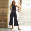 Women With Belt Polka-Dot Halterneck Suspenders Wide-Leg Black Jumpsuit