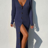 Women'S Fashion Knitted Rib-Knit Single-Breasted Long Sleeve Dress