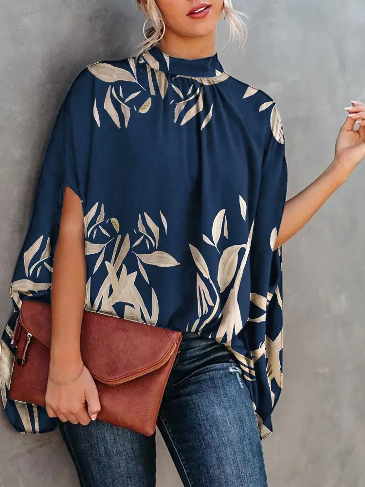 Women Elegant Office Work Casual Loose Fashion Batwing Sleeve Print Round Neck Summer Office Lady Blouse