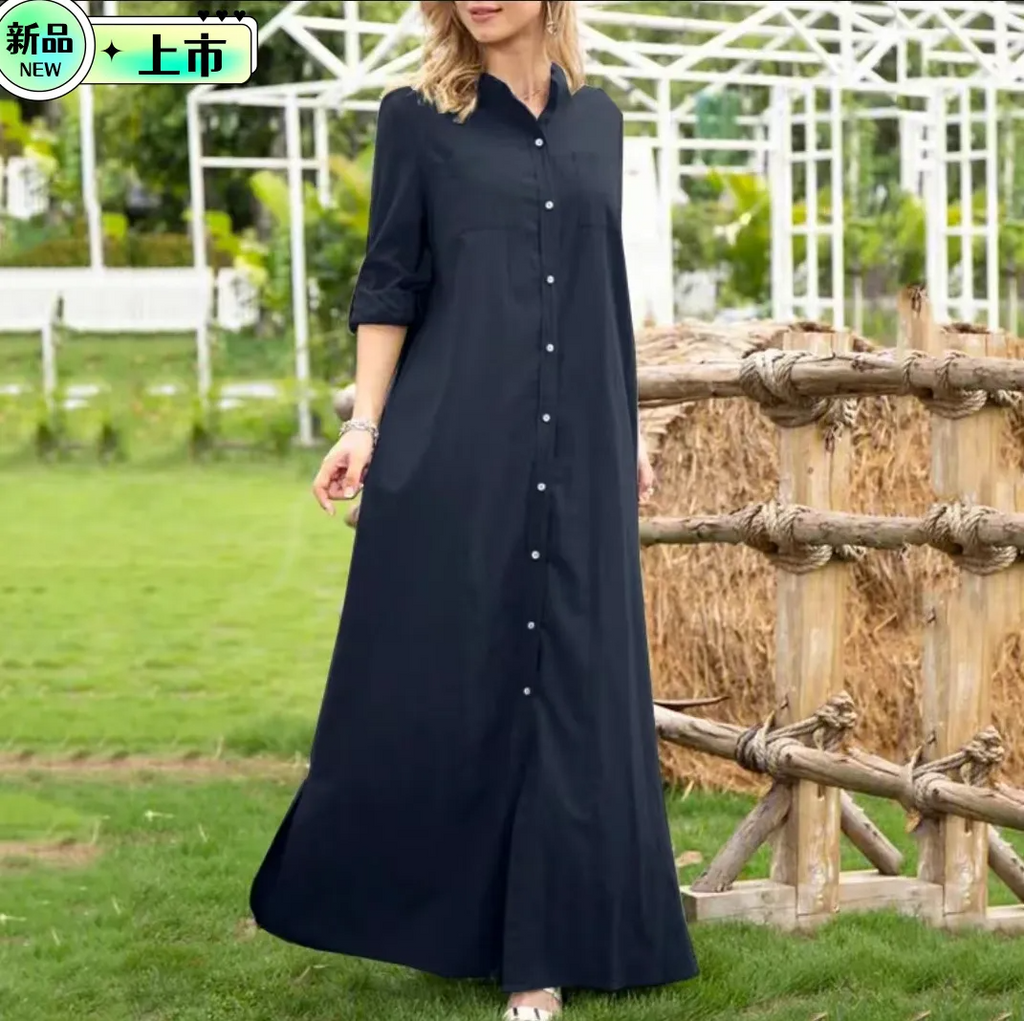 Women Ramadan /Eid Casual Fshion Solid Color Long Sleeve Single-Breasted Maxi Shirt Dress