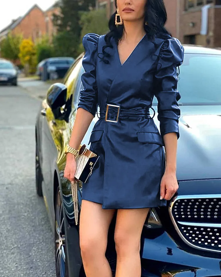 Women Fashion Sexy V-Neck Long Sleeve PU Dress Belt