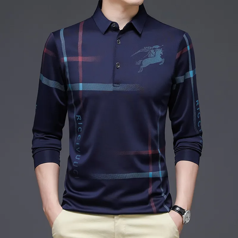 Men Casual Stripe Printed Long-Sleeved Polo Shirt