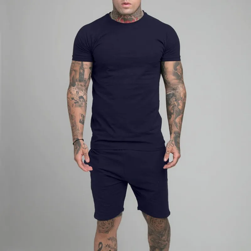 Men Summer Fashion Casual Commuter Solid Color Short Sleeve T-Shirt Shorts Sets