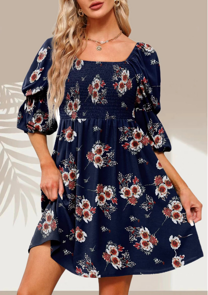 Women'S Fashion Casual Printing Puff Sleeve Square Neck Dress