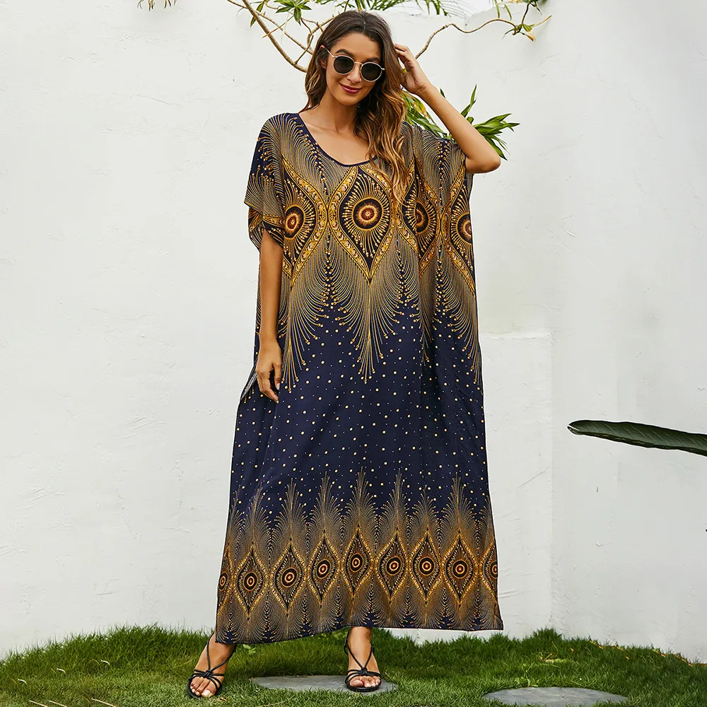 Women Ramadan /Eid Fashion Casual Printing Batwing Sleeve Long Loose Dress