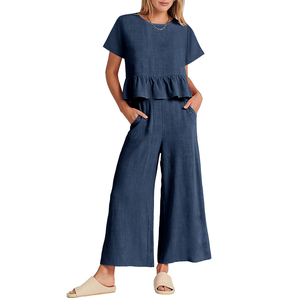 Solid Color Women Fashion Ruffle Short Sleeve Top Casual Pants Set