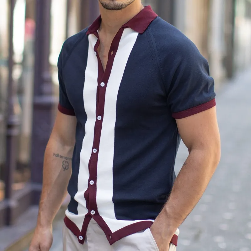 Men Casual Single-Breasted Stitching Contrast Color Short-Sleeved Knitted Polo Shirt