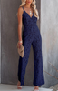 Women Solid Color Sling Lace Waist V-Neck Casual Wide Leg Jumpsuit