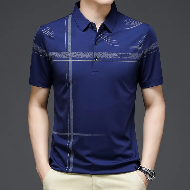 Men Fashion Casual Striped Print Lapel Short Sleeve Loose Polo Shirt