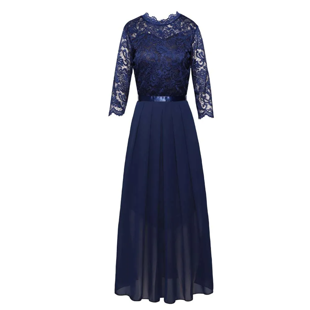 Women Stitching Chiffon Evening Dress Round Neck Long Sleeve Maxi Dress