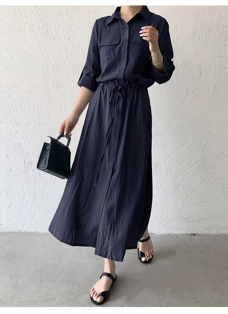Women Ramadan /Eid Fashion Minimalist Casual Solid Color Lapel Short-Sleeve Drawstring Pocket Single-Breasted Dress