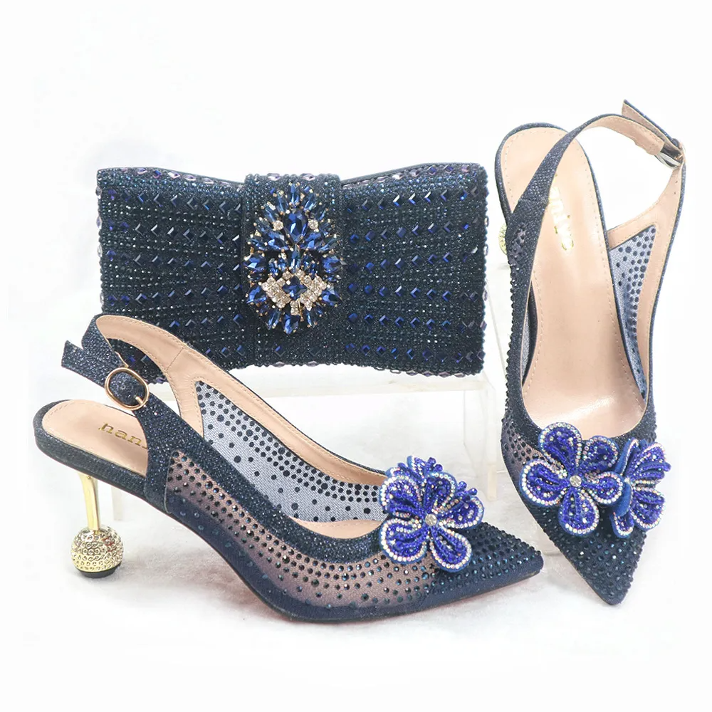 Women Fashion Pointed Toe Combination Diamond Flower Accessories Pointed Toe Mary Jane Shoes With Diamond Buckle Shaped Bag