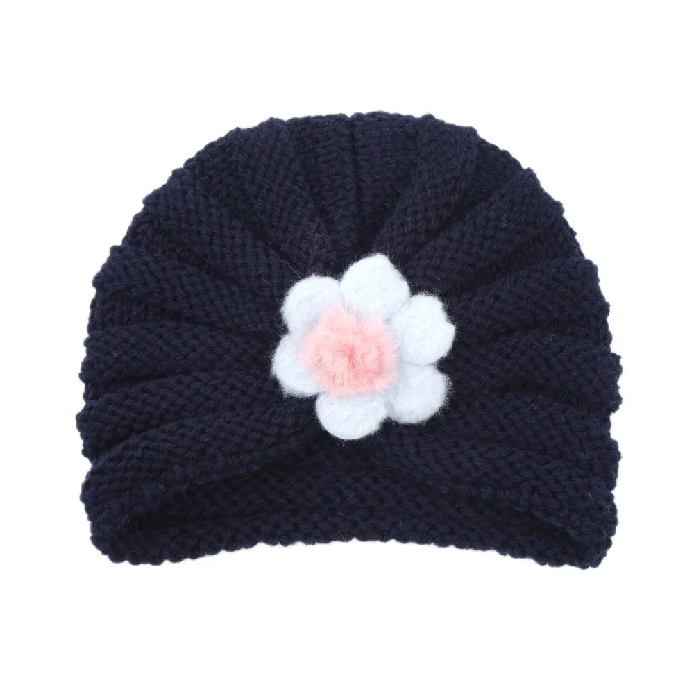 Kids Simple Solid Color Big Flower Warm Woolen Knitted Pullover Hat