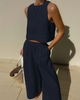 Women Summer Vacation Casual Loose Solid Color Sleeveless Top Wide Leg Pants Two Piece Set