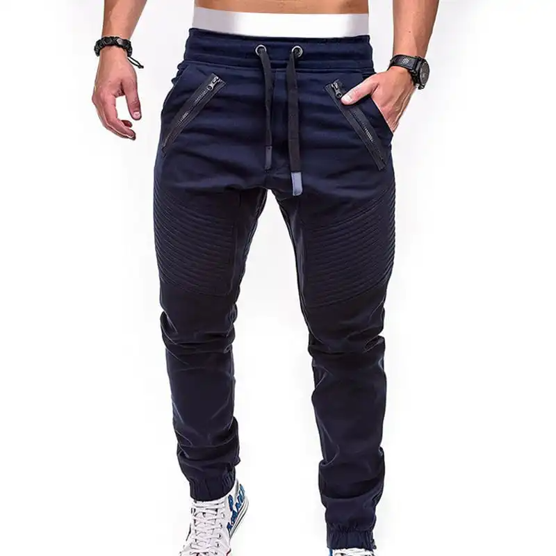 Men Fashion Drawstring Waist Zipper Solid Color Jogger Pants