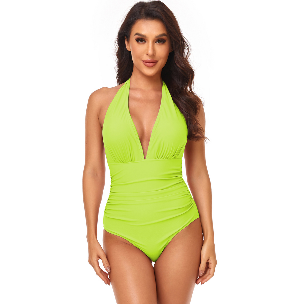 Women Simple Solid Color Shirring Halter Neck One-Piece Swimwear