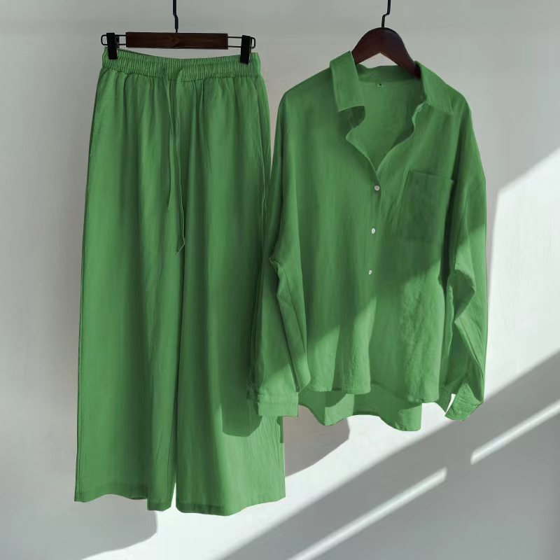 Women Casual Solid Color Linen Cotton Long Sleeve Blouse And Wide Leg Pants Set