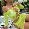 Women Sexy See-Through Mesh Solid Color Off-Shoulder Long Sleeve Top And Cut Out Skirt Nightclub Set ( 2 PCS )