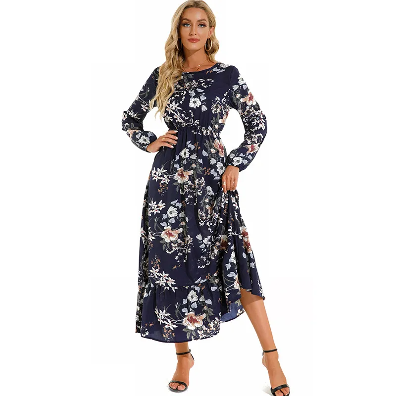 Women Ramadan /Eid Fashion Floral Chiffon Long Sleeve Maxi Dress