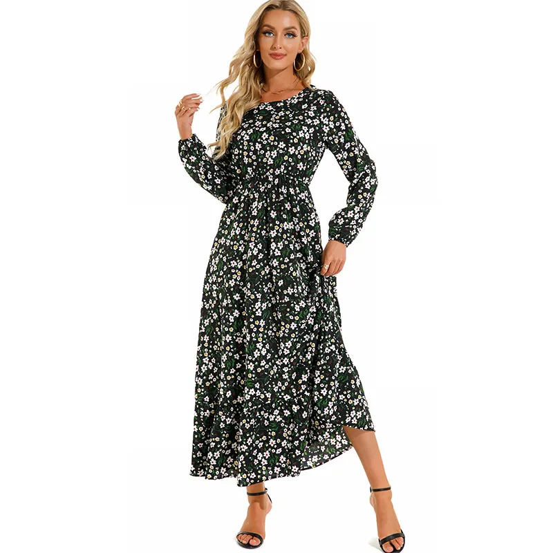 Women Ramadan /Eid Fashion Floral Chiffon Long Sleeve Maxi Dress