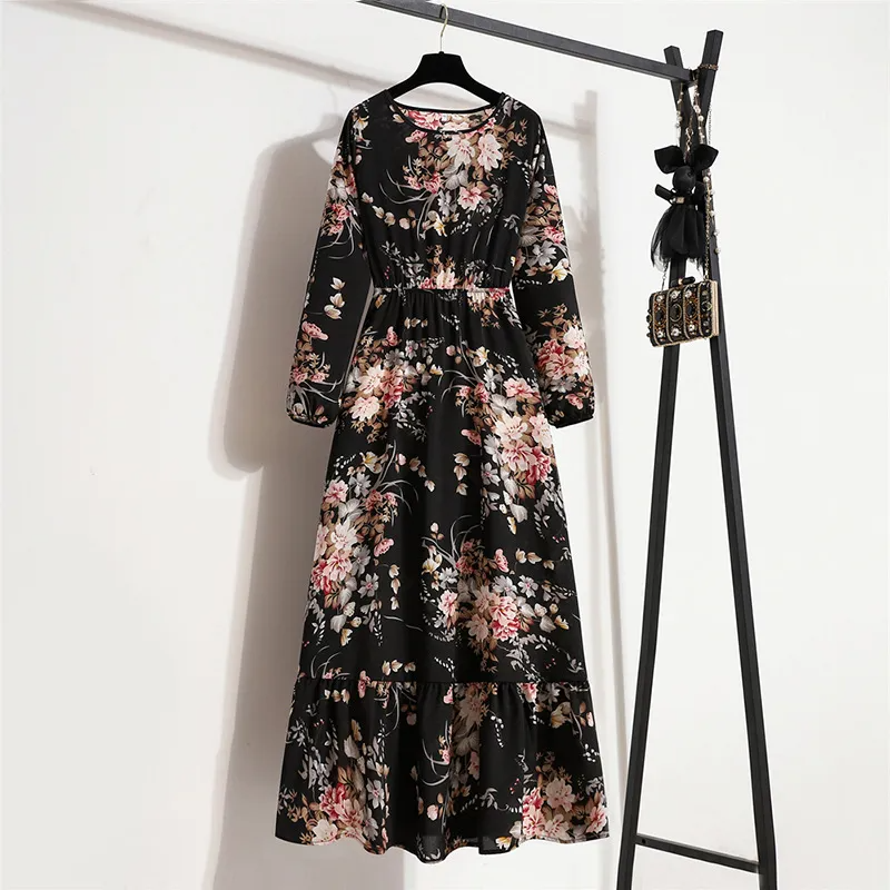 Women Ramadan /Eid Fashion Floral Chiffon Long Sleeve Maxi Dress