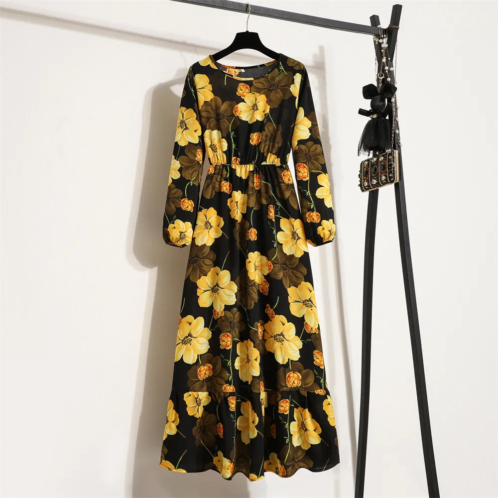 Women Ramadan /Eid Fashion Floral Chiffon Long Sleeve Maxi Dress