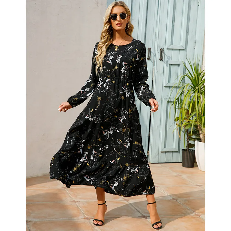 Women Ramadan /Eid Fashion Floral Chiffon Long Sleeve Maxi Dress