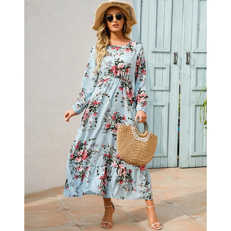 Women Ramadan /Eid Fashion Floral Chiffon Long Sleeve Maxi Dress