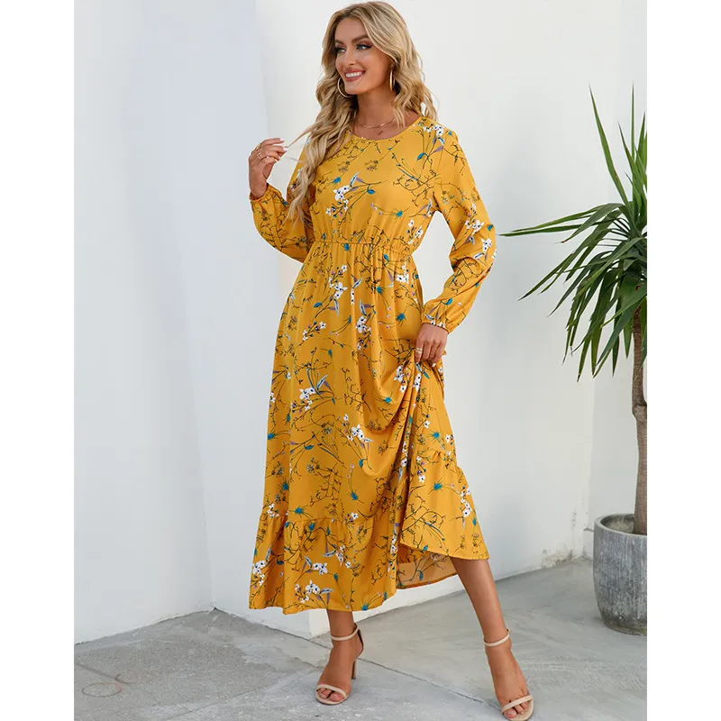 Women Ramadan /Eid Fashion Floral Chiffon Long Sleeve Maxi Dress